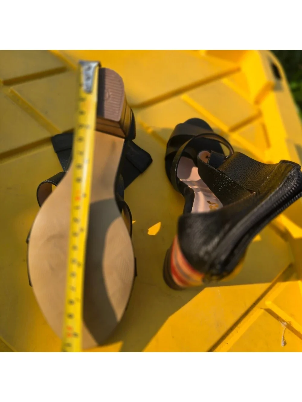 Black Leather Strappy High Heel Sandals with Wooden Block Heels, Size 7